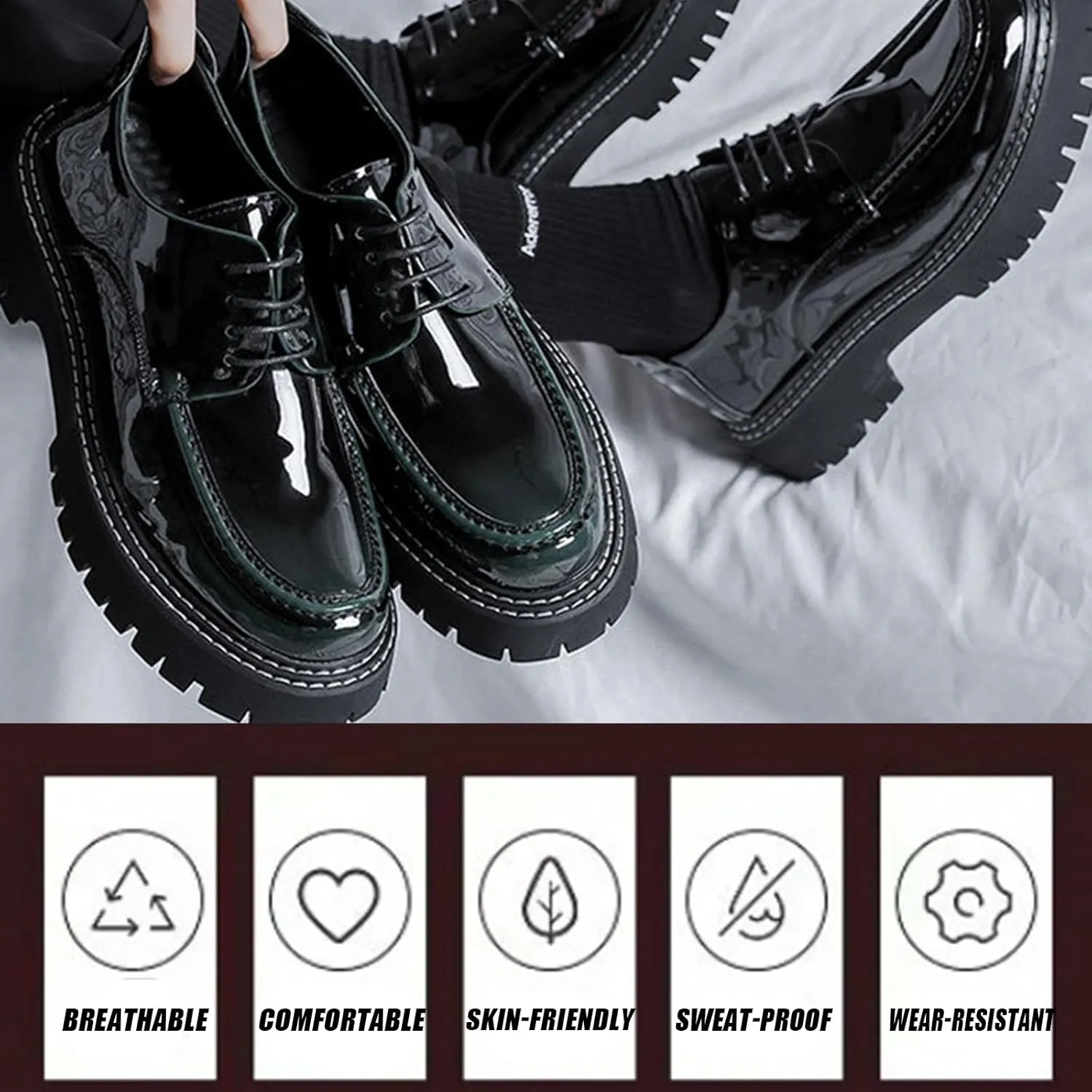 Men's Patent Leather Classic Loafers Round Toe Lug Sole Non-Slip Lace-Up Business Leather Shoes Fashionable Work Formal Oxford Shoes