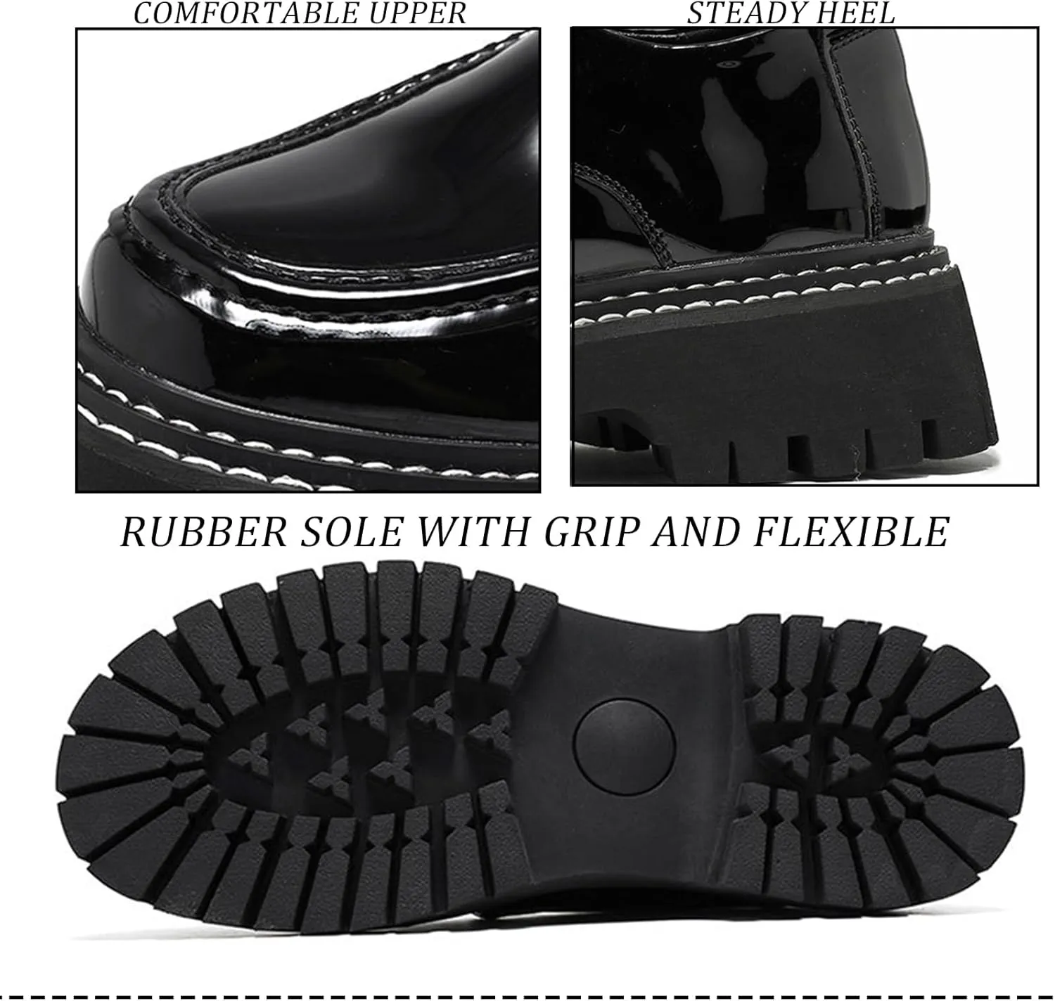 Men's Patent Leather Classic Loafers Round Toe Lug Sole Non-Slip Lace-Up Business Leather Shoes Fashionable Work Formal Oxford Shoes