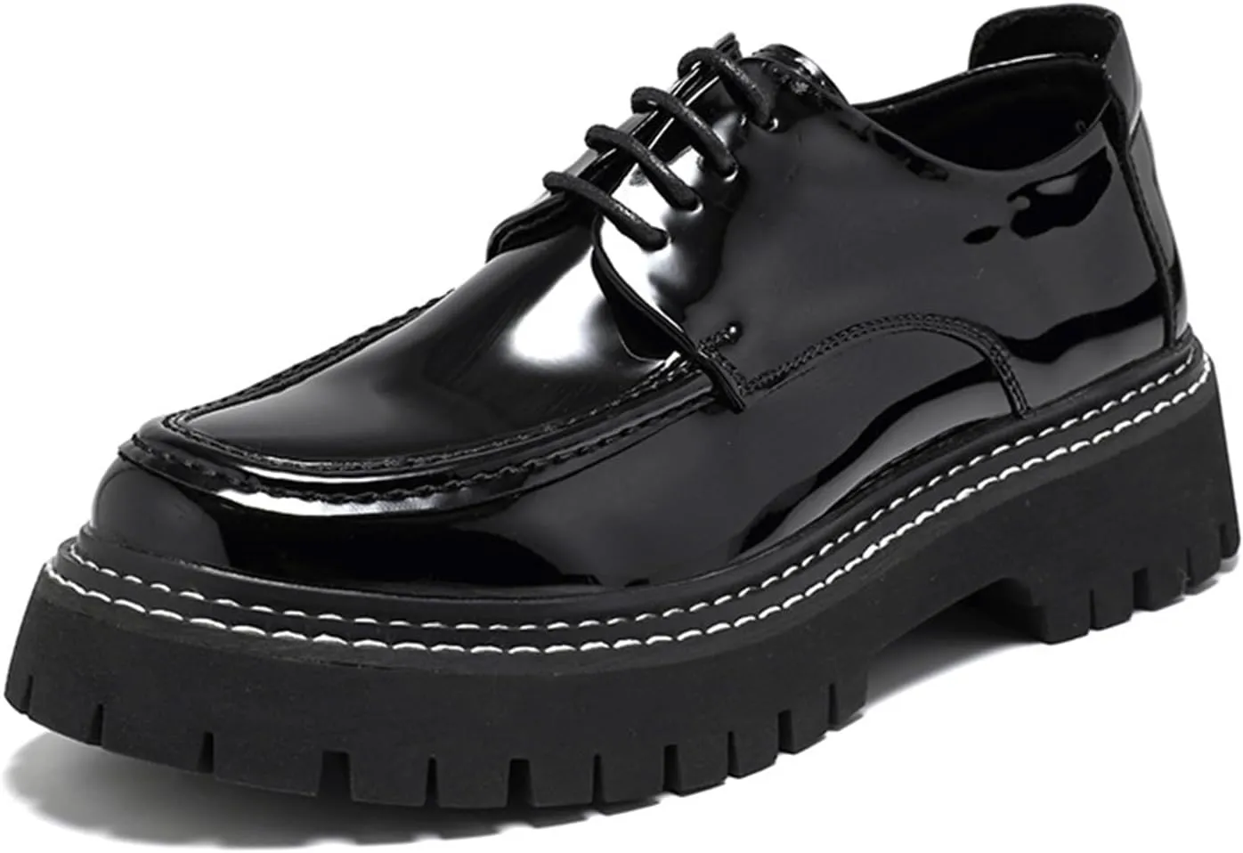 Men's Patent Leather Classic Loafers Round Toe Lug Sole Non-Slip Lace-Up Business Leather Shoes Fashionable Work Formal Oxford Shoes