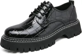 Men's Patent Leather Platform Loafers Luxury Alligator Printed Round Toe Lug Sole Lace-up Dress Shoes for Business Party Wedding Prom