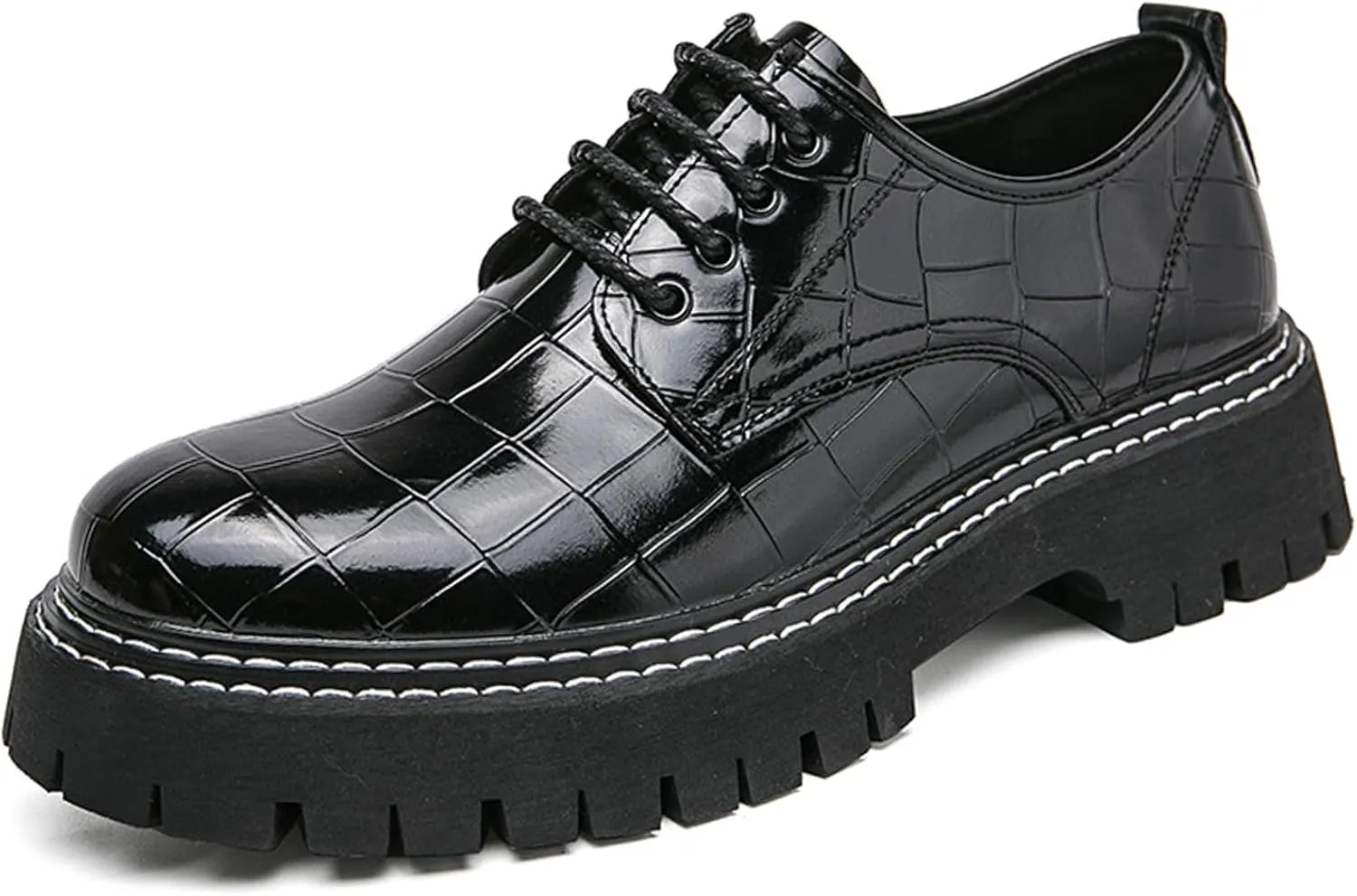 Men's Patent Leather Platform Loafers Luxury Alligator Printed Round Toe Lug Sole Lace-up Dress Shoes for Business Party Wedding Prom