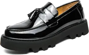 Men's Patent Leather Platform Slip-On Loafers with Tassel Classic Round Toe Non-Slip Lug Sole Casual Business Work Dress Shoes
