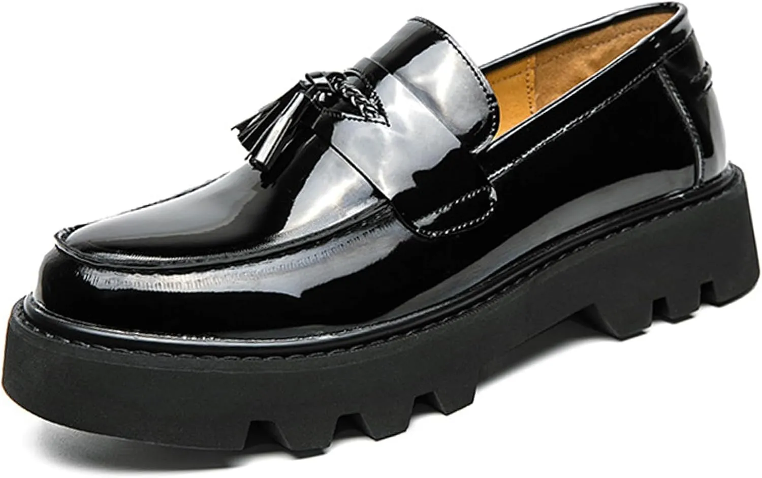 Men's Patent Leather Platform Slip-On Loafers with Tassel Classic Round Toe Non-Slip Lug Sole Casual Business Work Dress Shoes