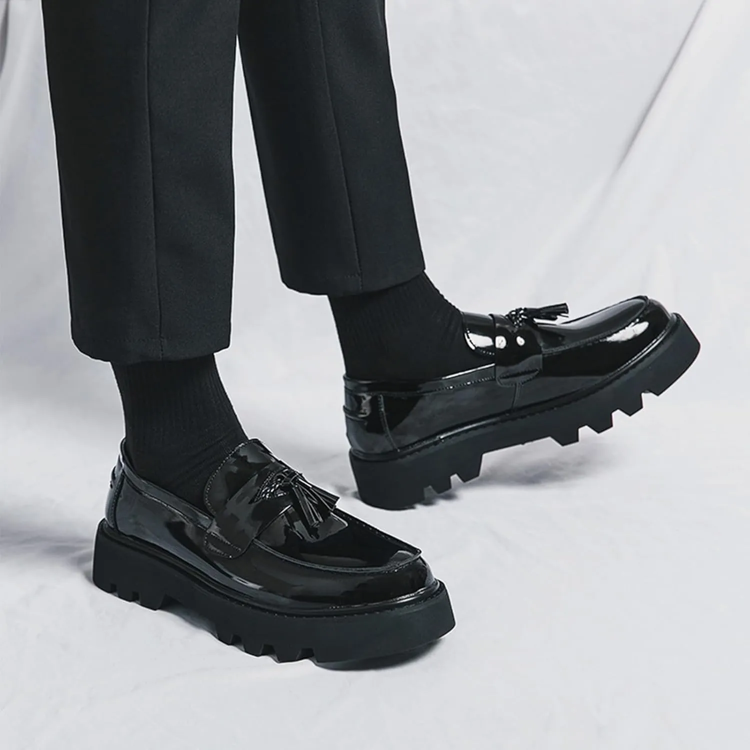 Men's Patent Leather Platform Slip-On Loafers with Tassel Classic Round Toe Non-Slip Lug Sole Casual Business Work Dress Shoes