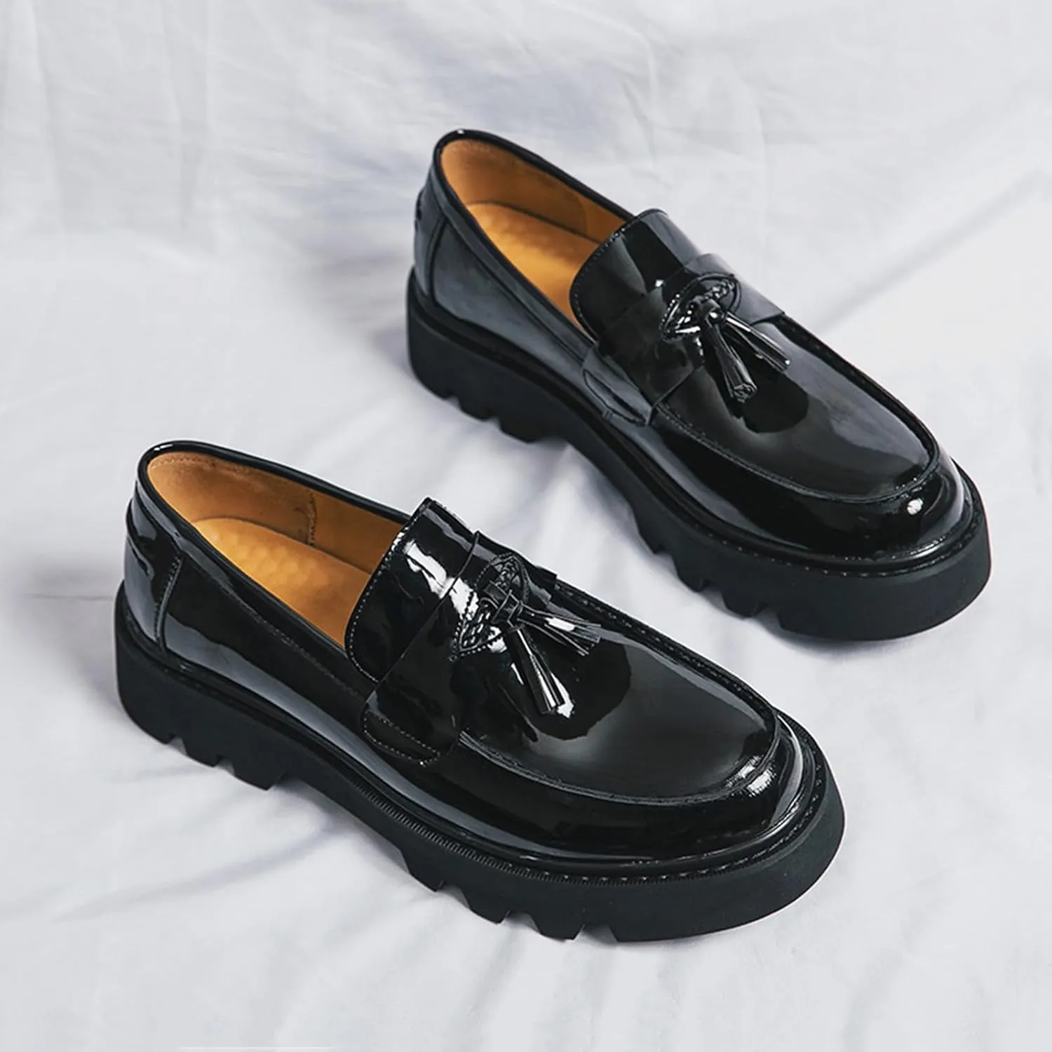 Men's Patent Leather Platform Slip-On Loafers with Tassel Classic Round Toe Non-Slip Lug Sole Casual Business Work Dress Shoes
