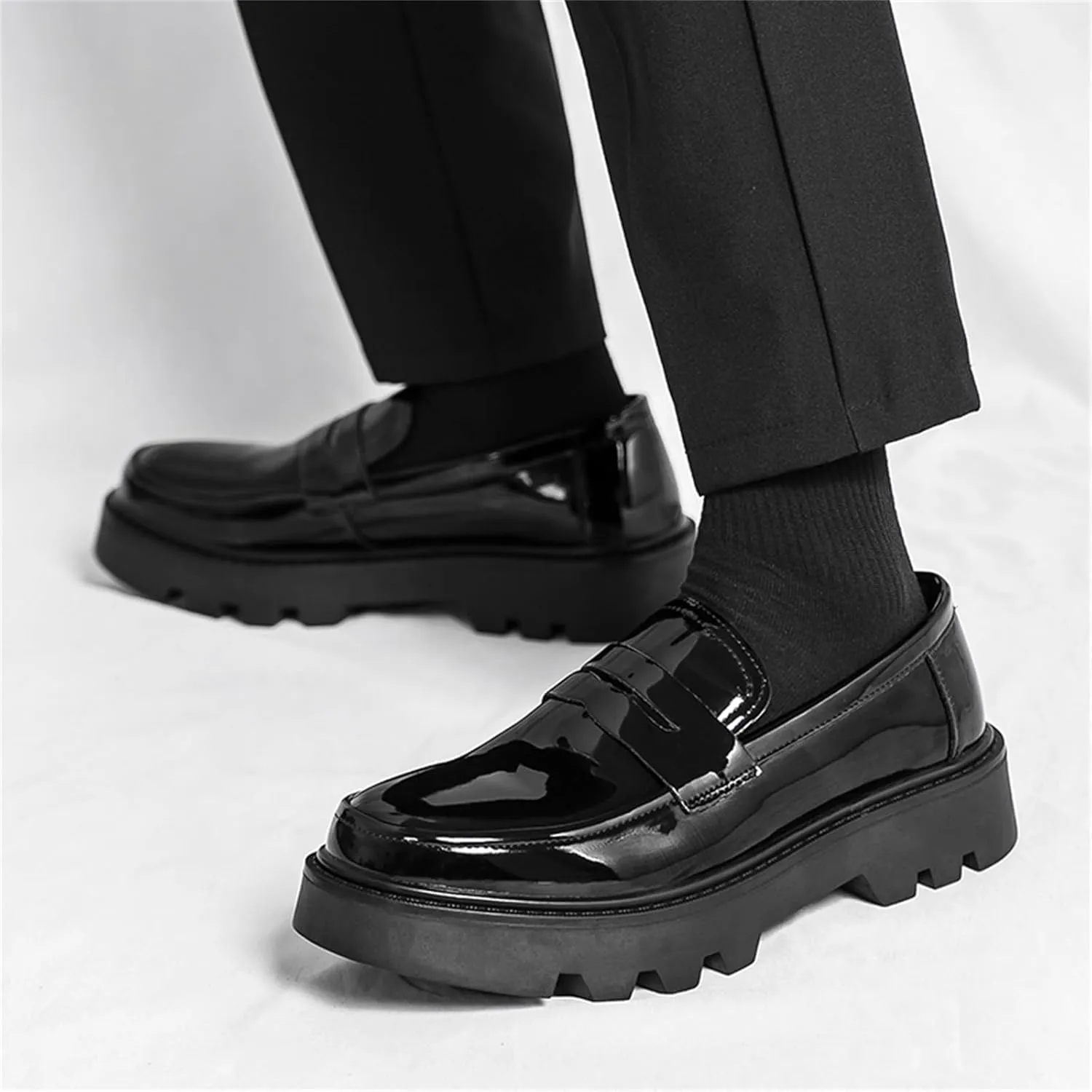 Men's Patent Leather Slip-On Dress Loafers Round Toe Platform Penny Tuxedo Shoes for Formal Business Party Wedding