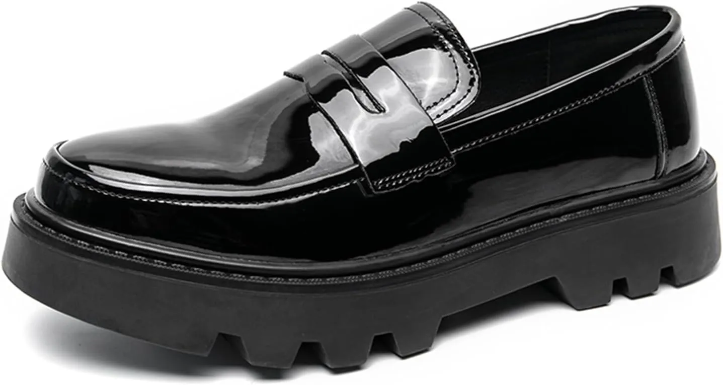 Men's Patent Leather Slip-On Dress Loafers Round Toe Platform Penny Tuxedo Shoes for Formal Business Party Wedding