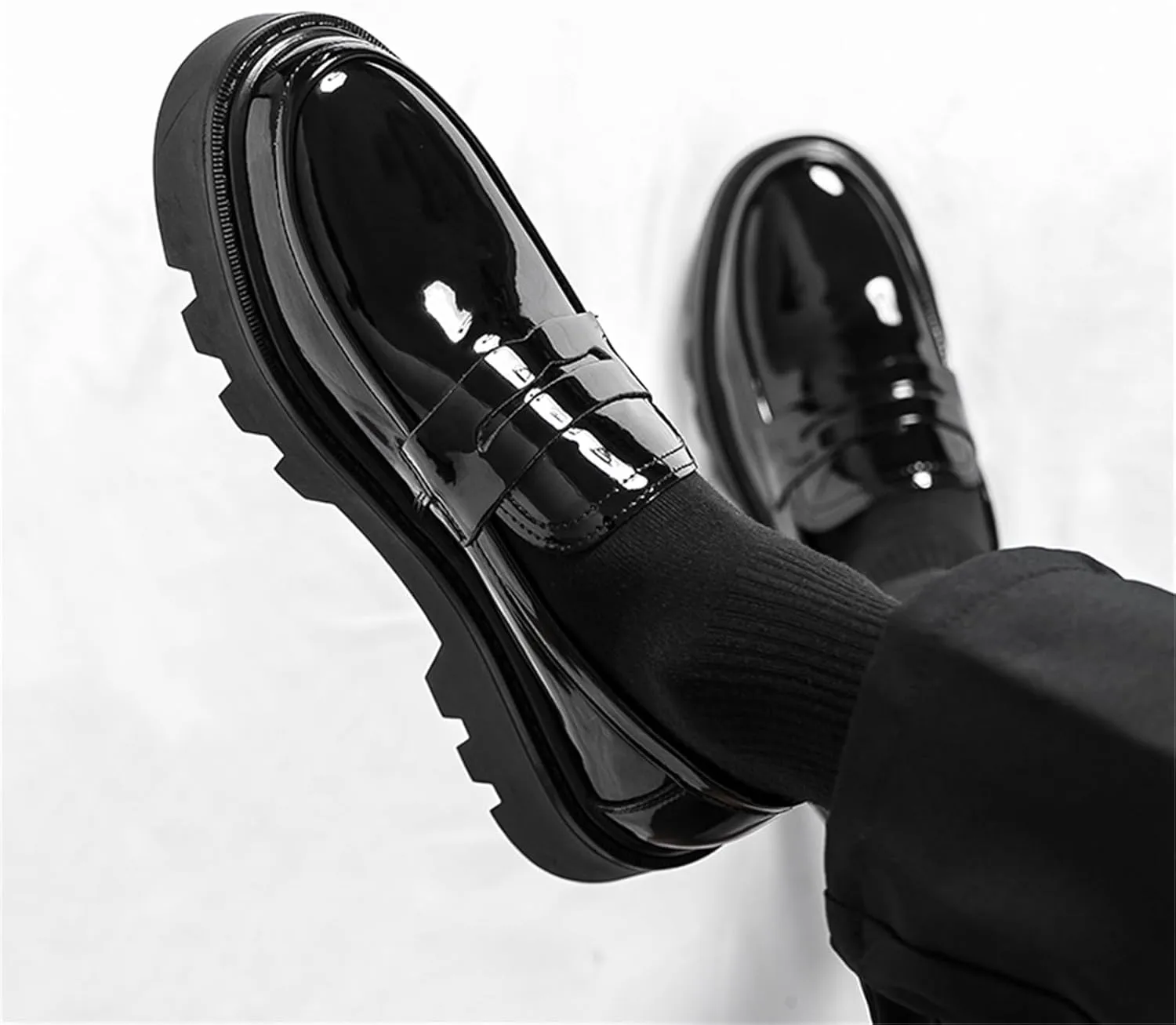 Men's Patent Leather Slip-On Dress Loafers Round Toe Platform Penny Tuxedo Shoes for Formal Business Party Wedding