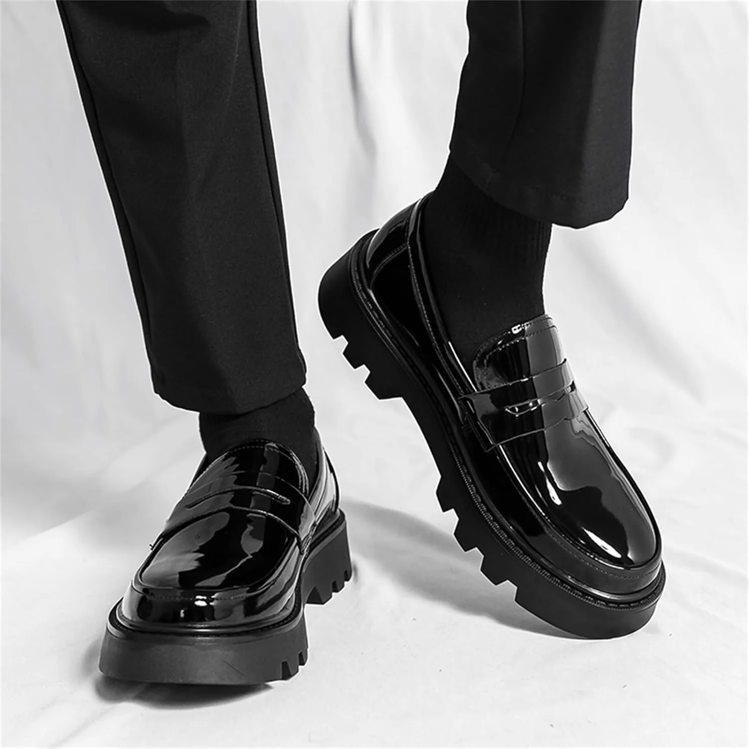 Men's Patent Leather Slip-On Dress Loafers Round Toe Platform Penny Tuxedo Shoes for Formal Business Party Wedding