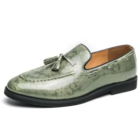 Mens Retro Printed Patent Leather Slip On Tassel Dress Loafers Low Top Round Toe Non-Slip Casual Penny Shoes for Formal Business Wedding Office