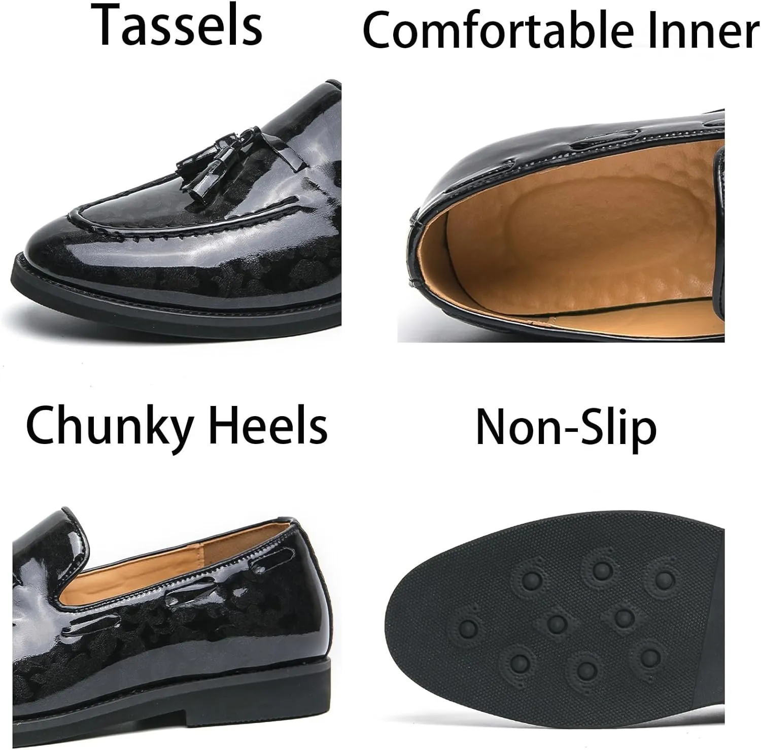 Mens Retro Printed Patent Leather Slip On Tassel Dress Loafers Low Top Round Toe Non-Slip Casual Penny Shoes for Formal Business Wedding Office