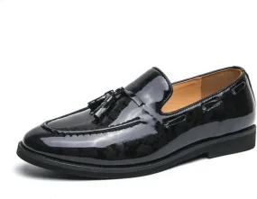 Mens Retro Printed Patent Leather Slip On Tassel Dress Loafers Low Top Round Toe Non-Slip Casual Penny Shoes for Formal Business Wedding Office