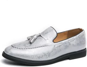 Mens Retro Printed Patent Leather Slip On Tassel Dress Loafers Low Top Round Toe Non-Slip Casual Penny Shoes for Formal Business Wedding Office