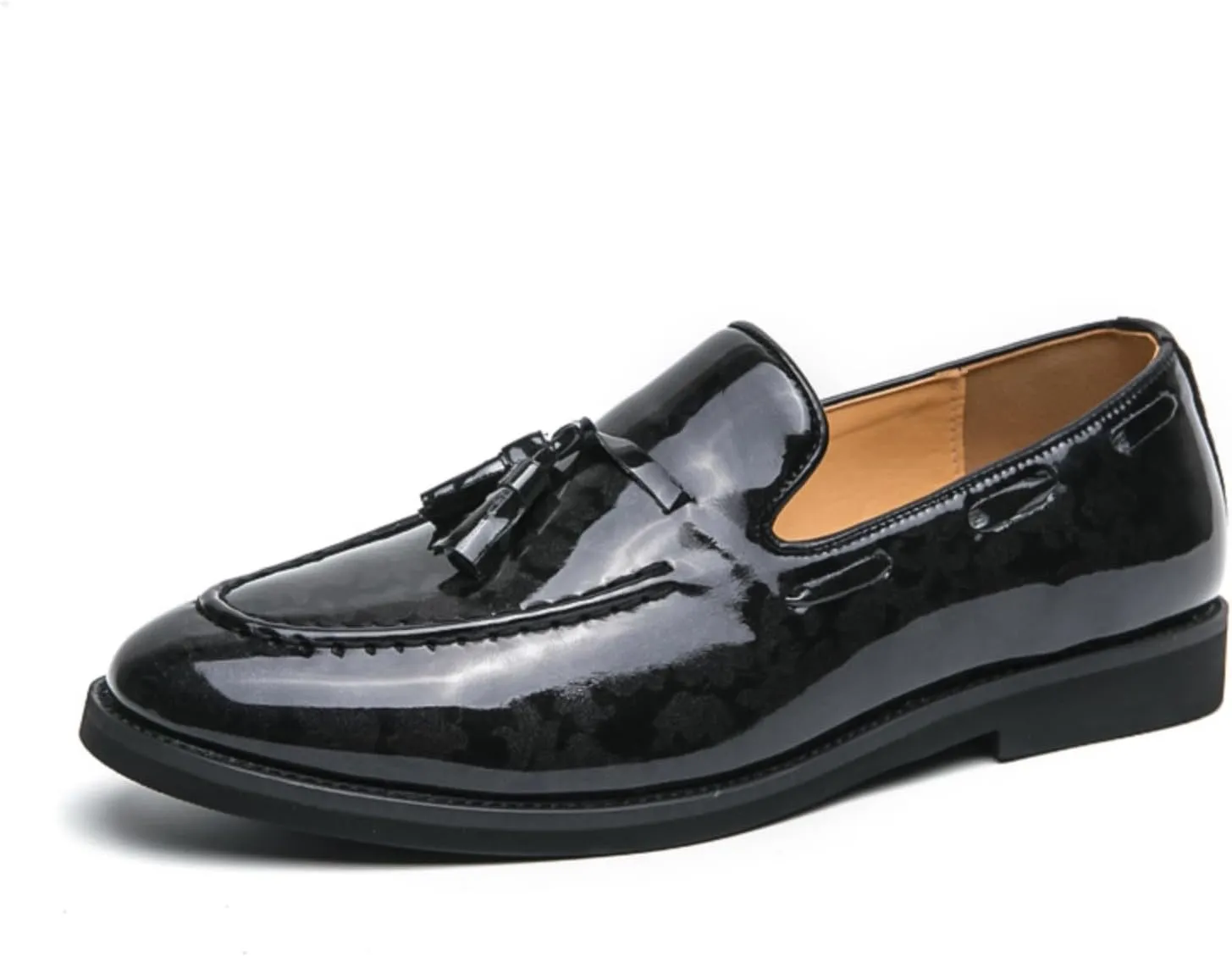 Mens Retro Printed Patent Leather Slip On Tassel Dress Loafers Low Top Round Toe Non-Slip Casual Penny Shoes for Formal Business Wedding Office