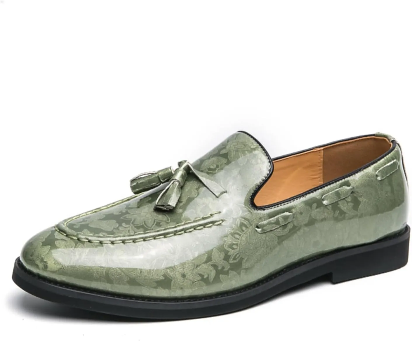 Mens Retro Printed Patent Leather Slip On Tassel Dress Loafers Low Top Round Toe Non-Slip Casual Penny Shoes for Formal Business Wedding Office