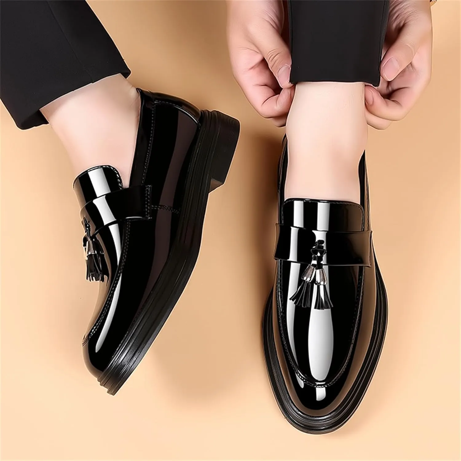 Men's Trendy Tassels Patent Leather Loafers Slip-On Business Casual Dress Shoes Elegant Luxury Penny Shoes