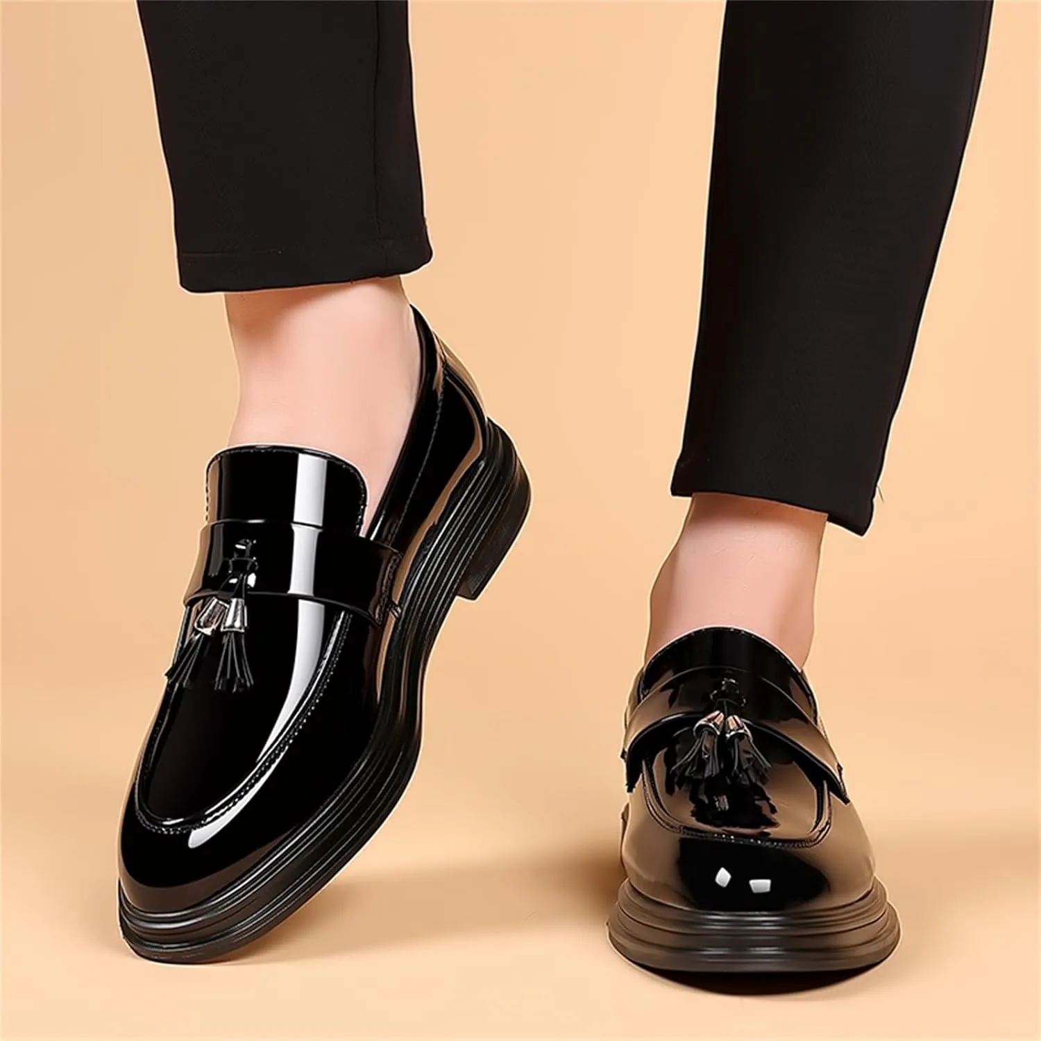 Men's Trendy Tassels Patent Leather Loafers Slip-On Business Casual Dress Shoes Elegant Luxury Penny Shoes