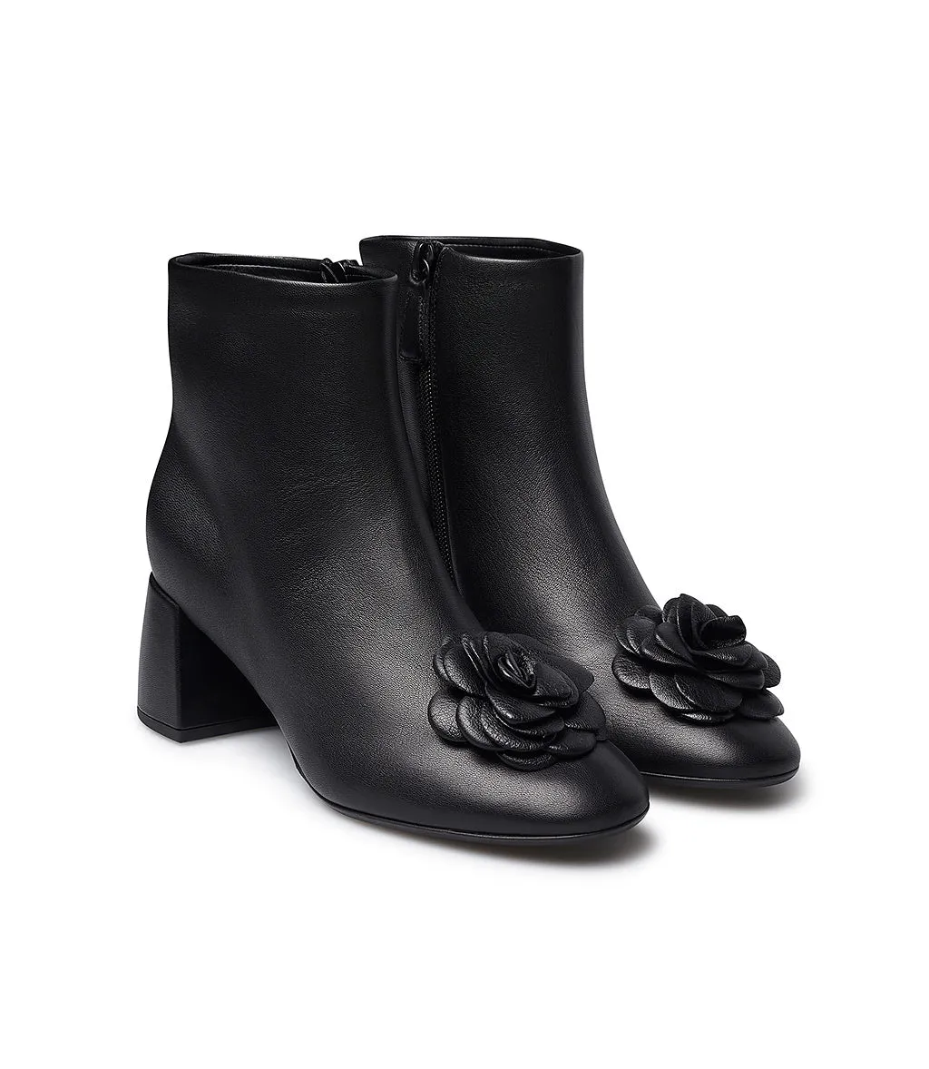 Nappa leather flower decorated black nappa booties