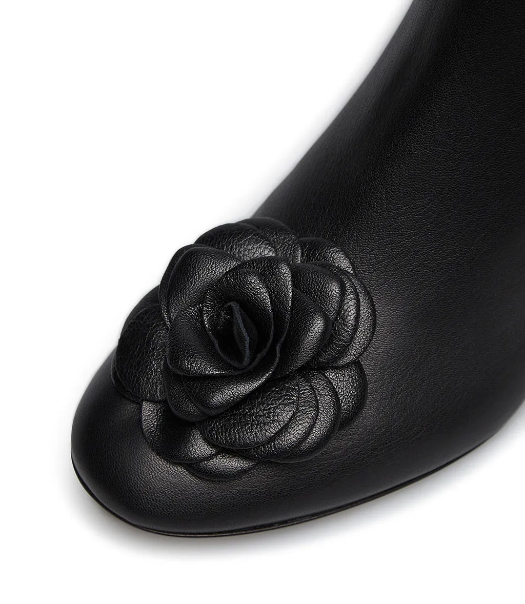 Nappa leather flower decorated black nappa booties