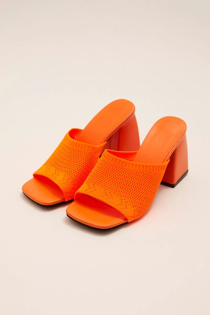Orange Square Toe Chunky Heeled Mule Sandals