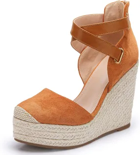 PiePieBuy Womens Wedge Espadrille Ankle Strap Closed Cap Toe Platform Heeled Sandals