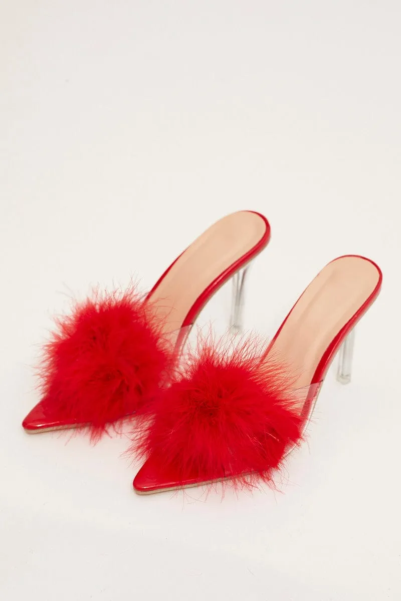 Red Faux Feather Stiletto Heeled Mule Sandals