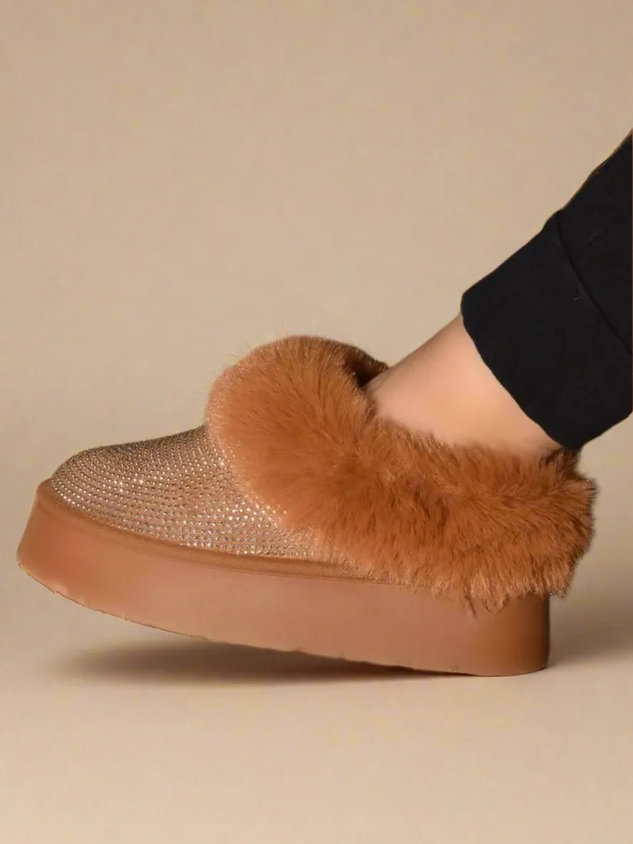 Rhinestone Fuzzy Suede Platform Slippers in Chestnut