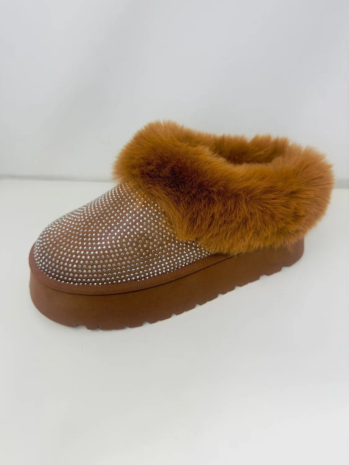 Rhinestone Fuzzy Suede Platform Slippers in Chestnut