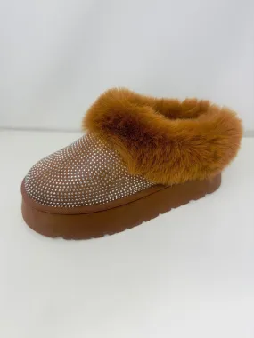 Rhinestone Fuzzy Suede Platform Slippers in Chestnut