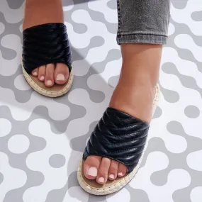 Shiny Stiched Stylish Espadrille-Like Slippers - Black