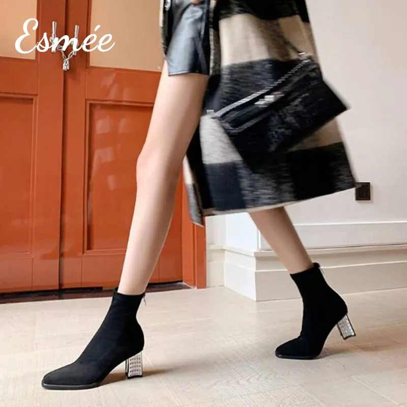 Suede Ankle Boots with Rhinestone Heels