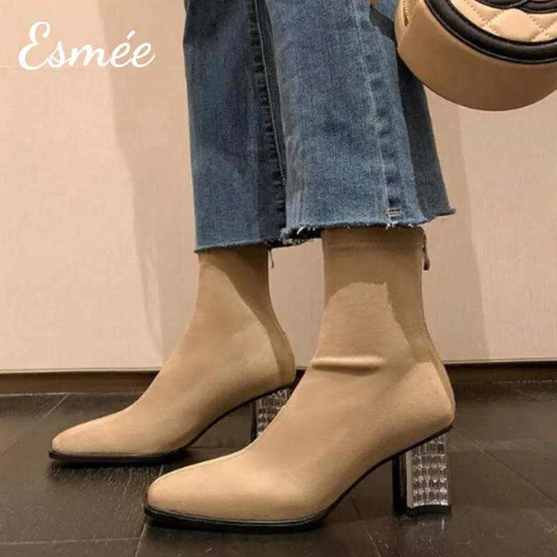 Suede Ankle Boots with Rhinestone Heels