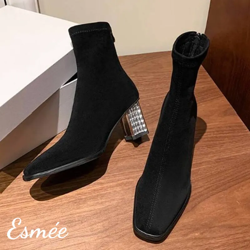 Suede Ankle Boots with Rhinestone Heels