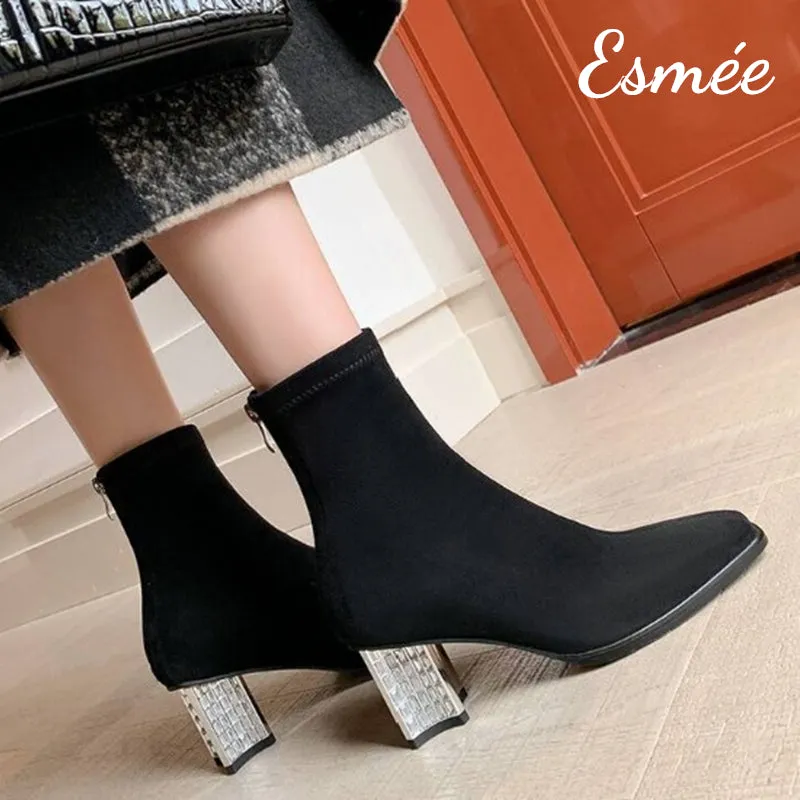 Suede Ankle Boots with Rhinestone Heels