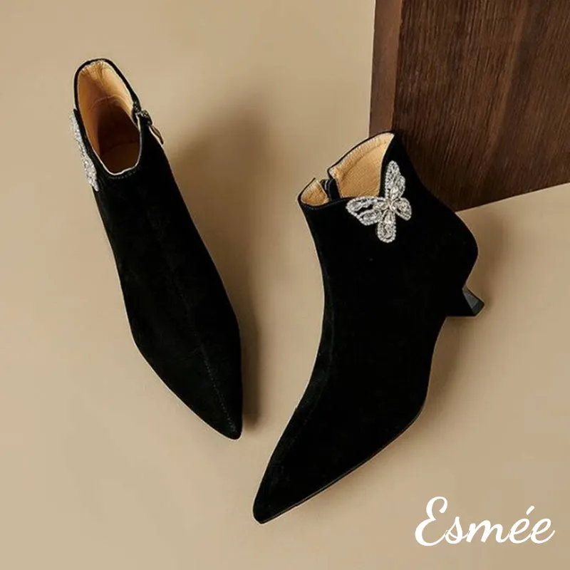 Suede Pointed Toe Ankle Boots with Rhinestone Butterfly Design