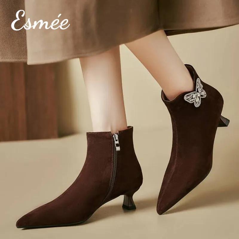 Suede Pointed Toe Ankle Boots with Rhinestone Butterfly Design