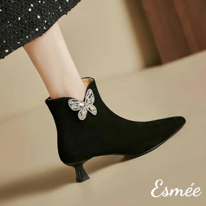 Suede Pointed Toe Ankle Boots with Rhinestone Butterfly Design