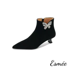 Suede Pointed Toe Ankle Boots with Rhinestone Butterfly Design