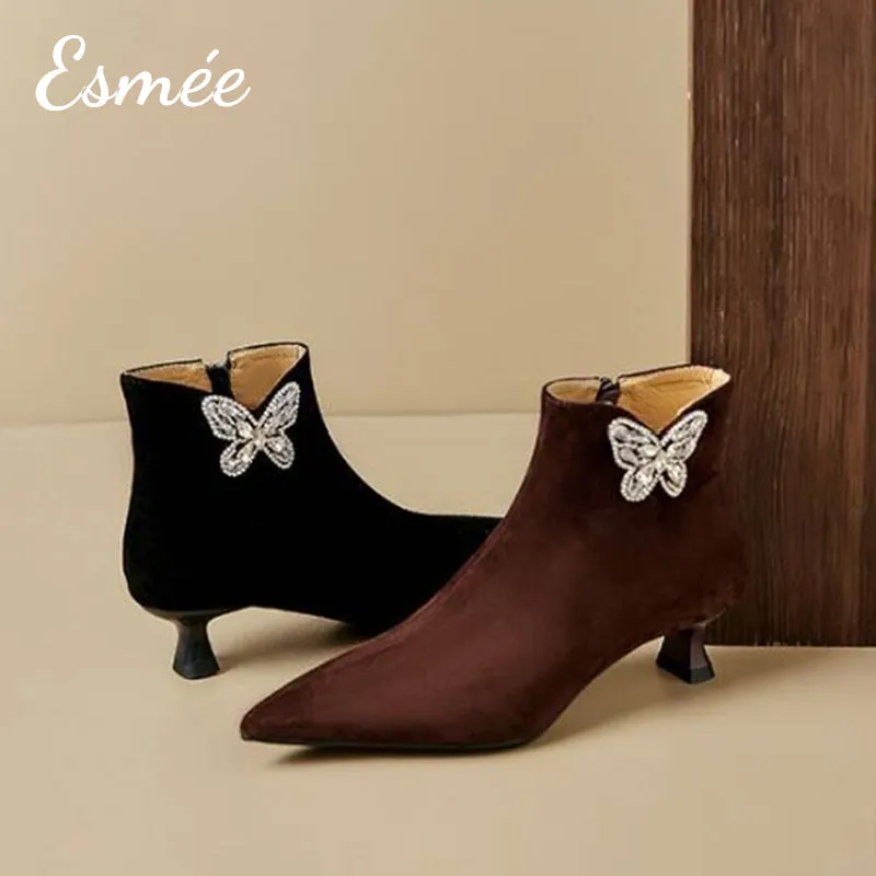 Suede Pointed Toe Ankle Boots with Rhinestone Butterfly Design
