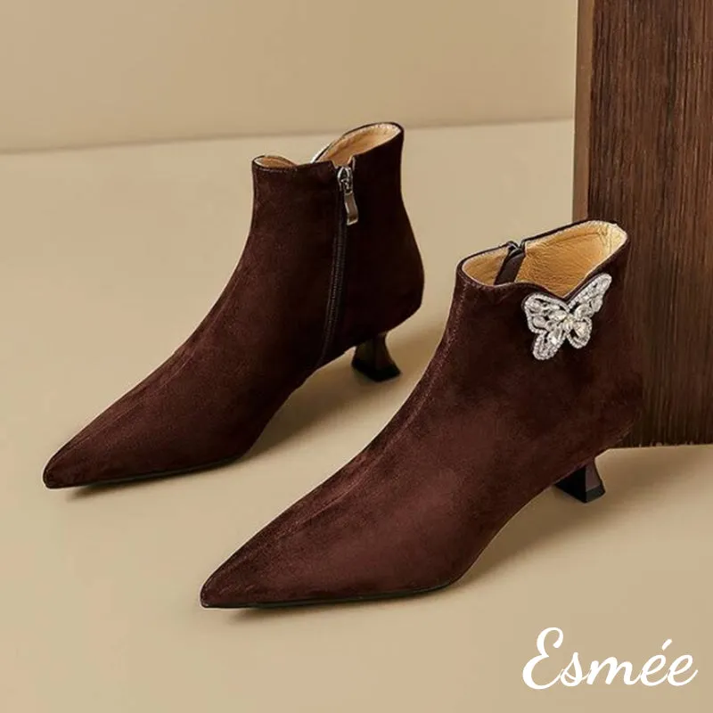 Suede Pointed Toe Ankle Boots with Rhinestone Butterfly Design