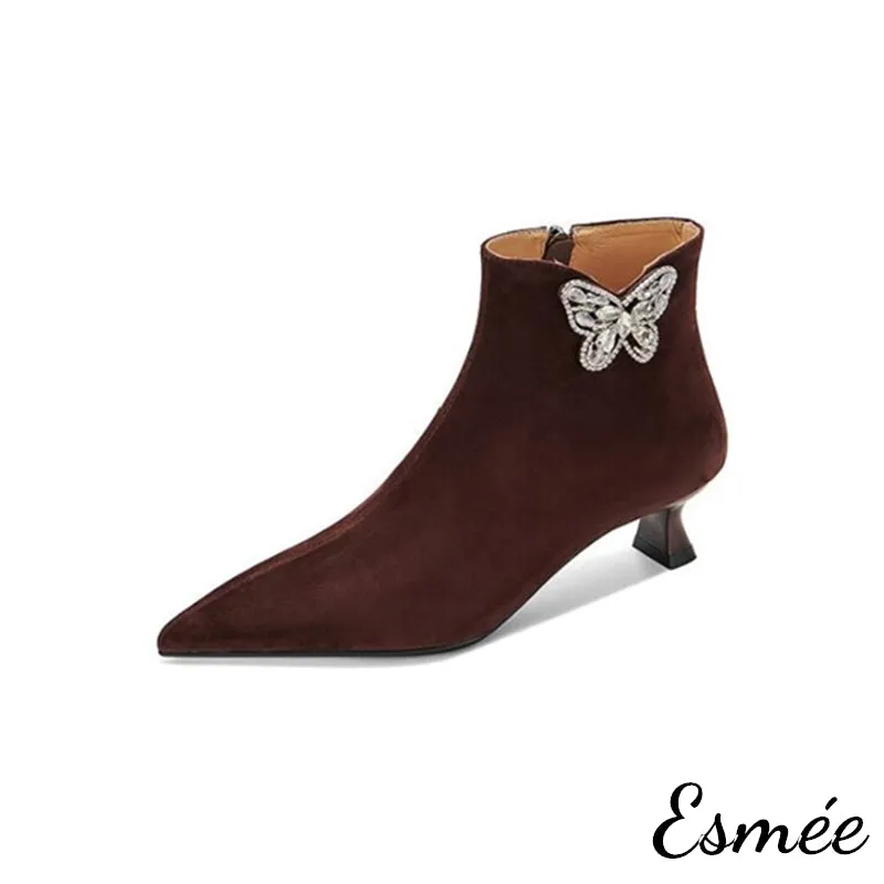Suede Pointed Toe Ankle Boots with Rhinestone Butterfly Design