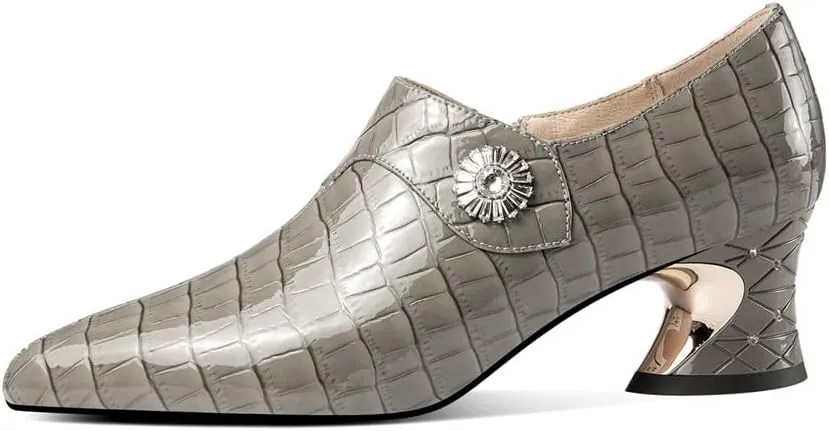 TinaCus Women's Pointed Toe Patent Leather Handmade Chunky Heels Side Zip Up Casual Loafer Shoes