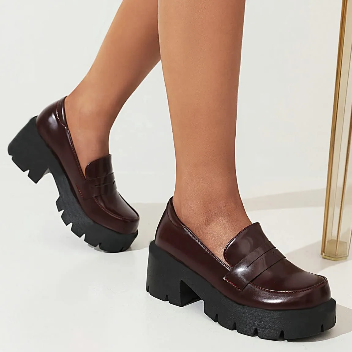 Trendenzy Womens Round Toe Platform Loafer Shoes Chunky Slip On Pumps Goth