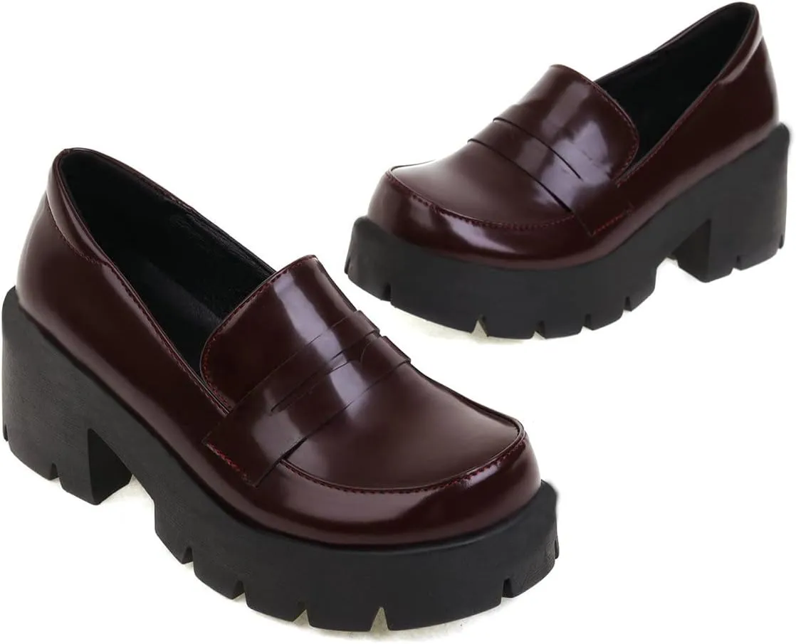 Trendenzy Womens Round Toe Platform Loafer Shoes Chunky Slip On Pumps Goth