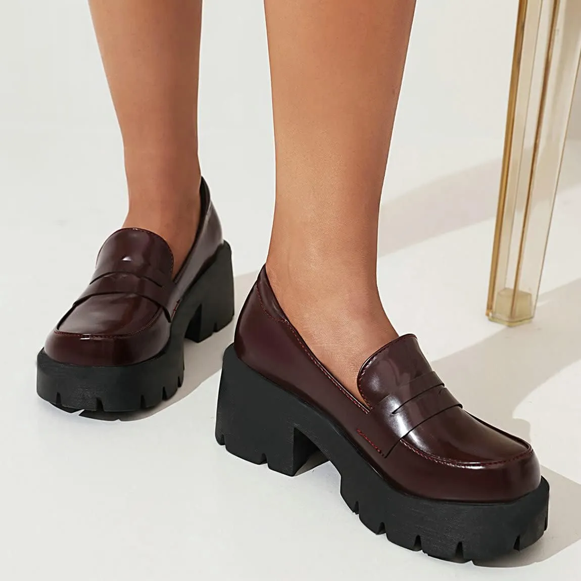 Trendenzy Womens Round Toe Platform Loafer Shoes Chunky Slip On Pumps Goth