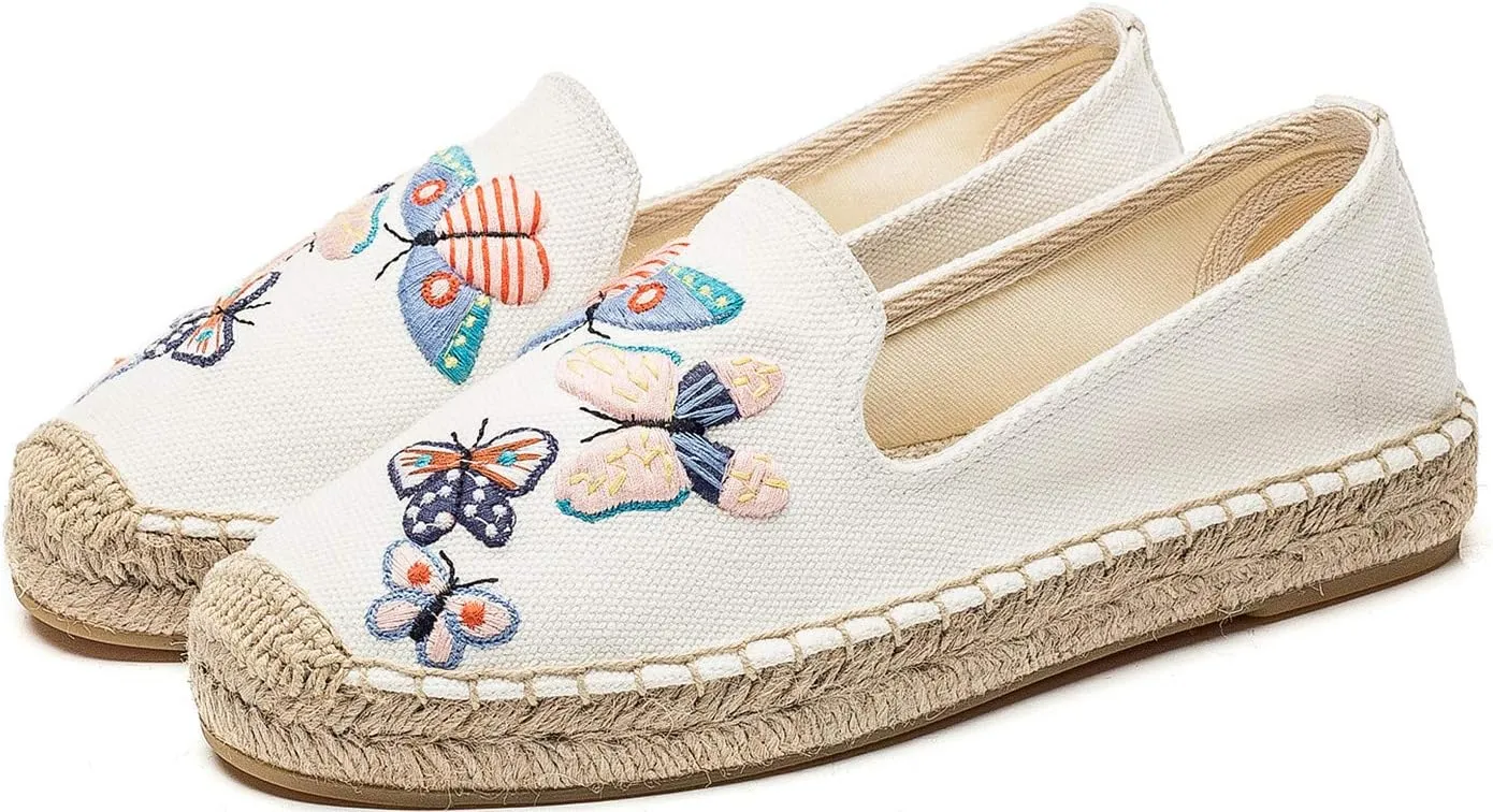 U-lite Women's Casual Flat Cap-Toe Embroidery Animal Print Canvas Slip on Walking Espadrilles Smoking Slipper Loafer