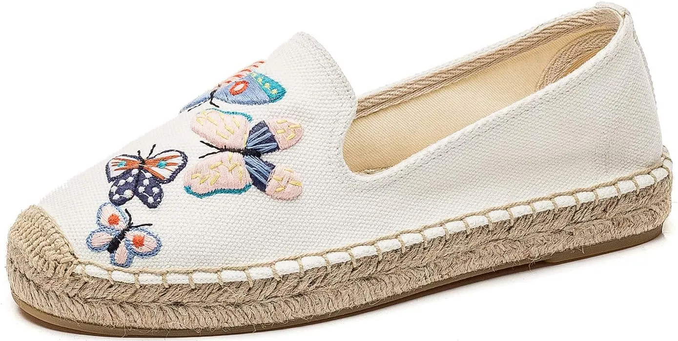 U-lite Women's Casual Flat Cap-Toe Embroidery Animal Print Canvas Slip on Walking Espadrilles Smoking Slipper Loafer