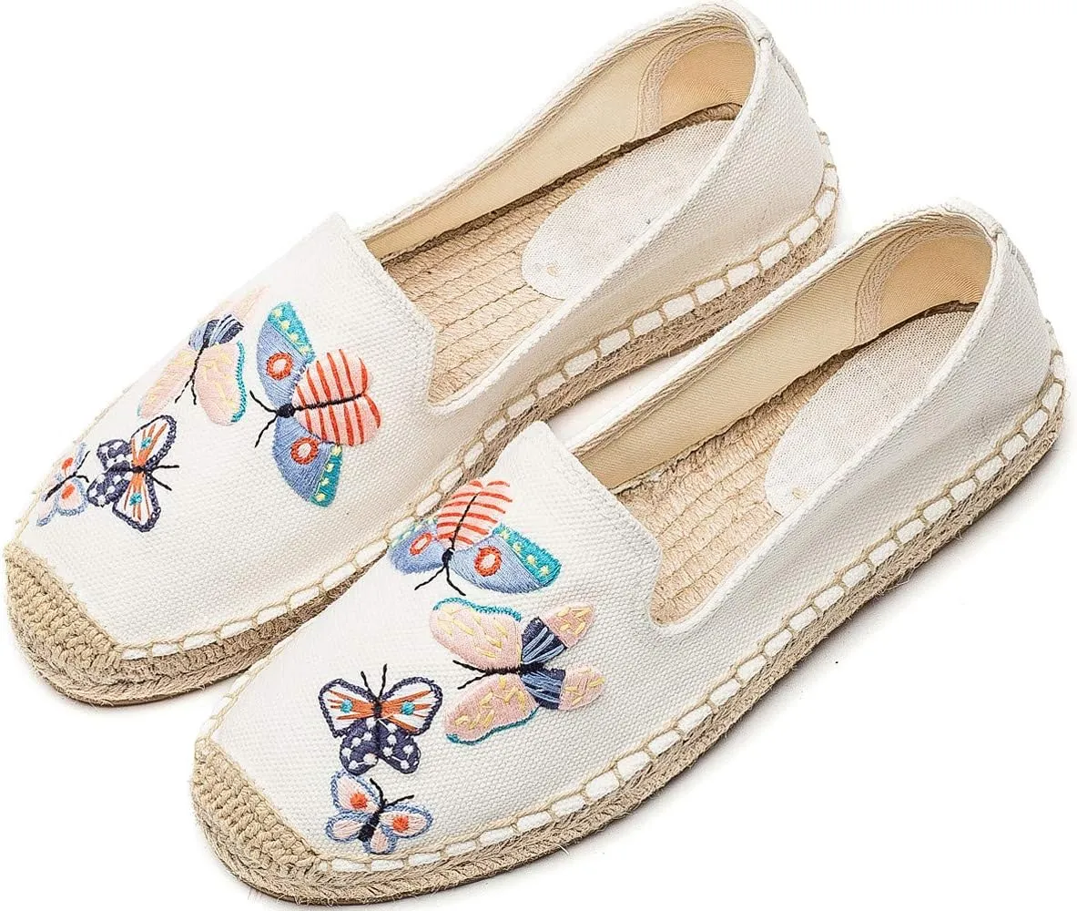 U-lite Women's Casual Flat Cap-Toe Embroidery Animal Print Canvas Slip on Walking Espadrilles Smoking Slipper Loafer