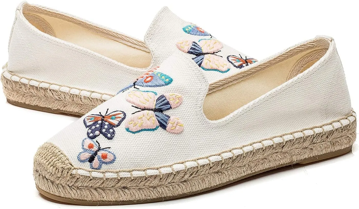 U-lite Women's Casual Flat Cap-Toe Embroidery Animal Print Canvas Slip on Walking Espadrilles Smoking Slipper Loafer