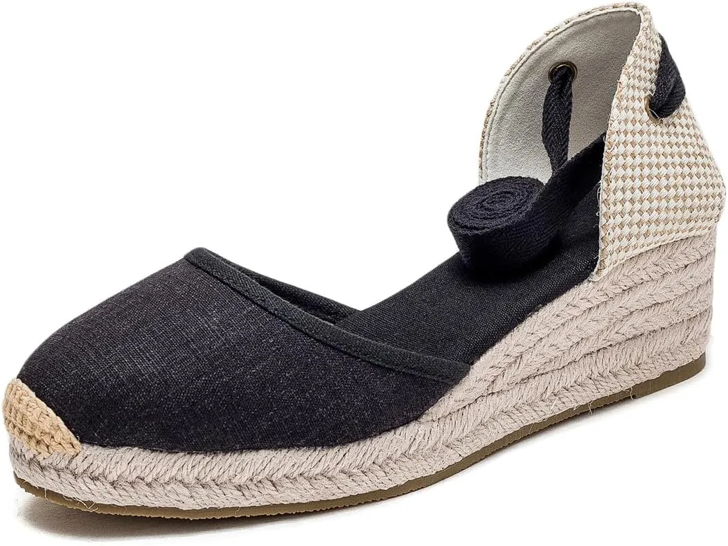 U-lite Womens Platform Wedge Sandals Espadrilles Closed Toe Ankle Strap Lace Up Ankle-Tie Strap Classic Espadrille Heel